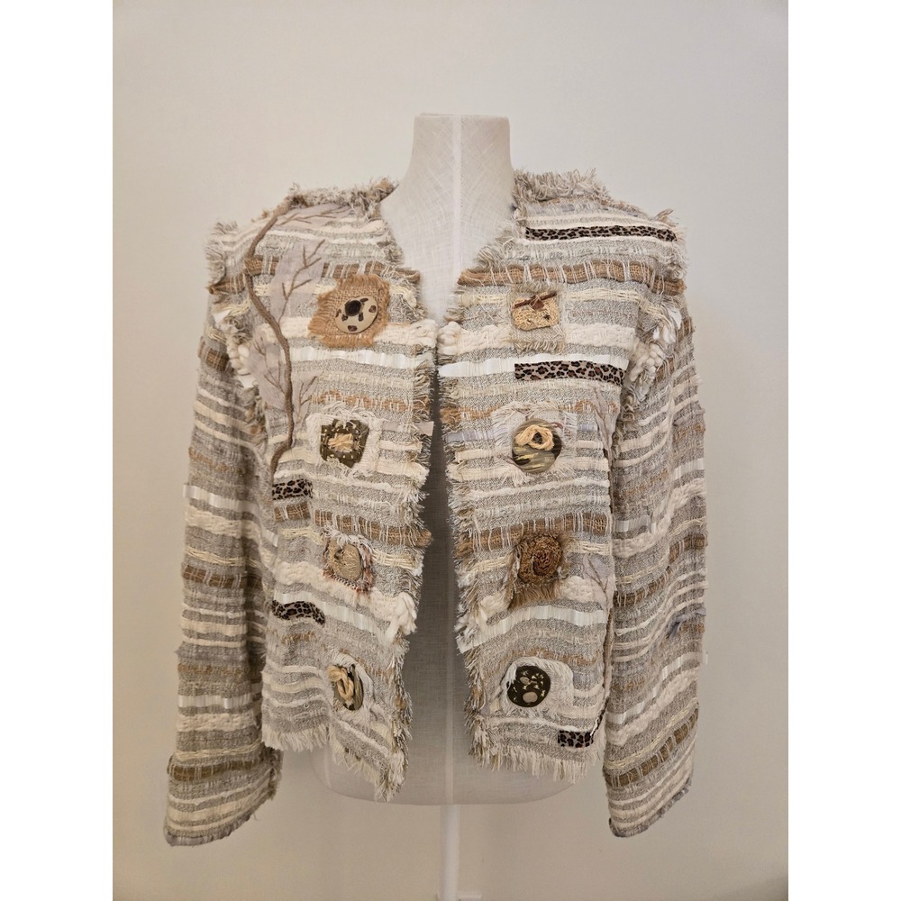 Crystal Handwovens Artisan Woven Jacket Large Neutral Mixed Media Boho Fringed